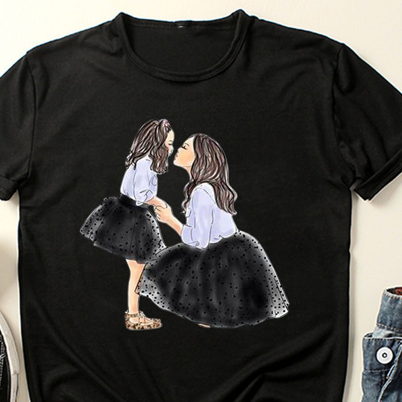 Summer Top Crew Neck Cute Parent-child Print Pullover T-shirt