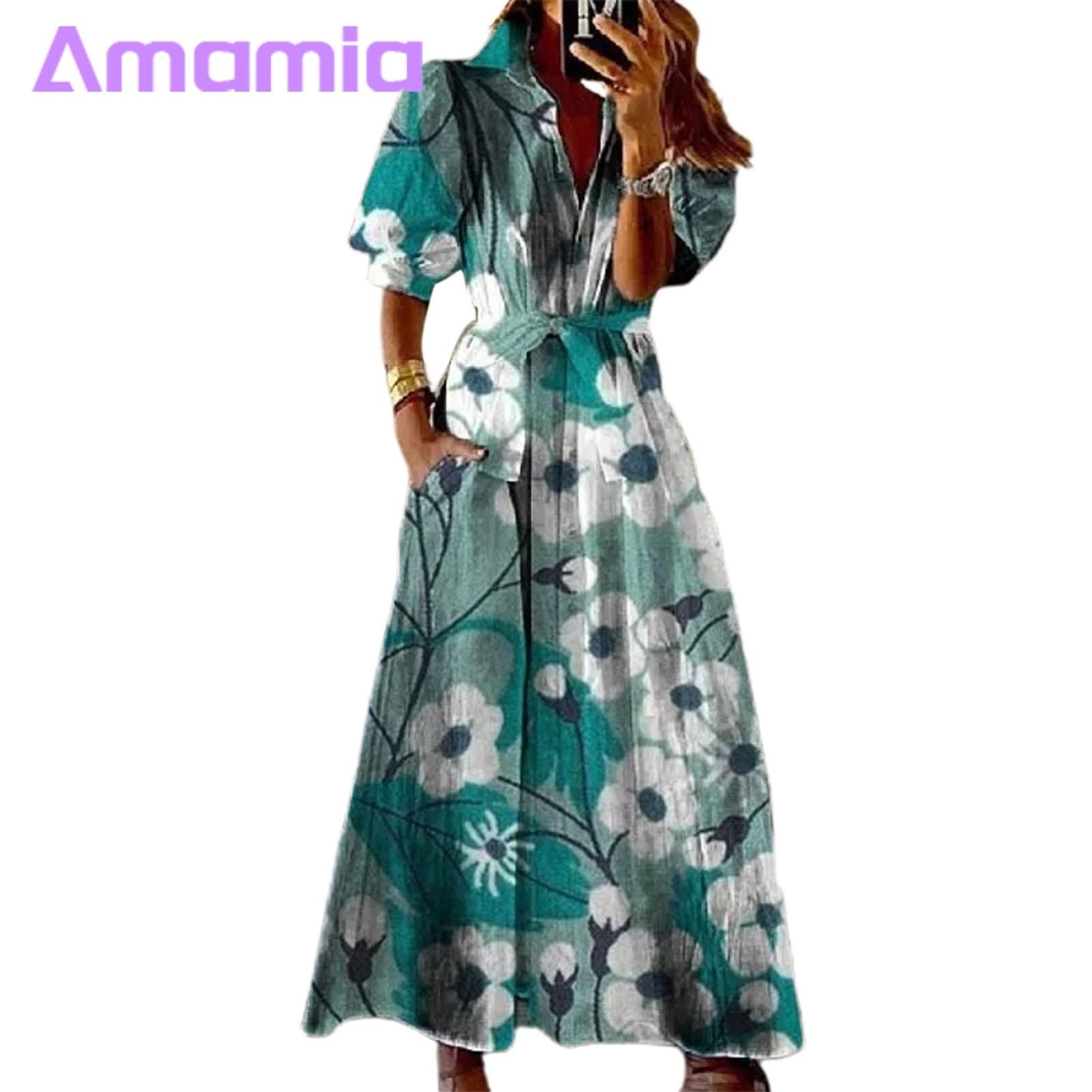 Amamia Maxi Dress Lapel Collar Elegant Flower Branch Pattern Le-up Long Dress