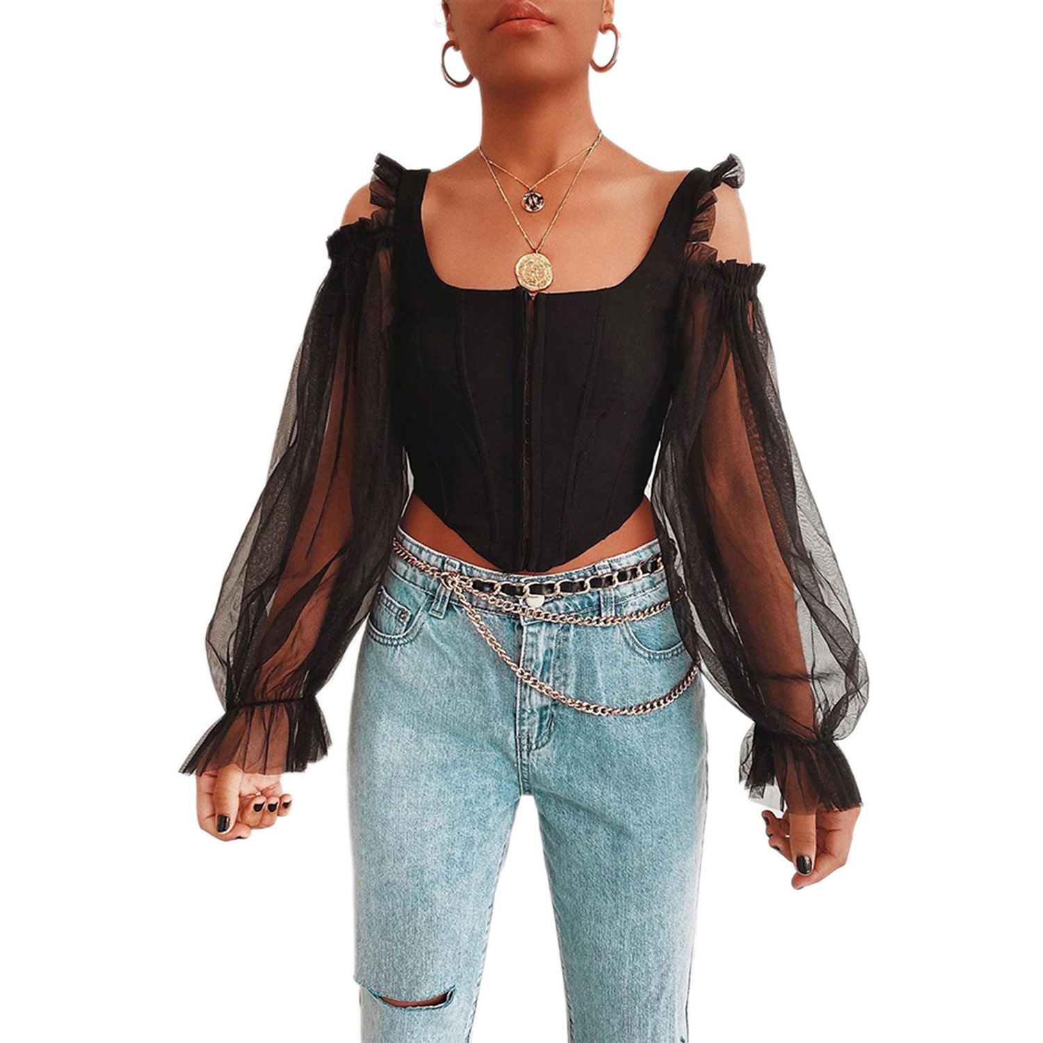 New Women Top Shirt, Long Sleeve Mesh See Through Slim Outfit Low Chest Patchwork Crop Front Breasted Bu