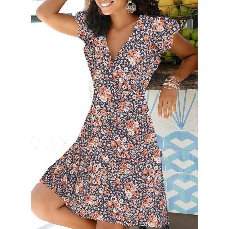 Spring Summer Vintage Party Dress V Neck Elegant Dress Boho Beach Female Floral Print Dresses For Women Clothes