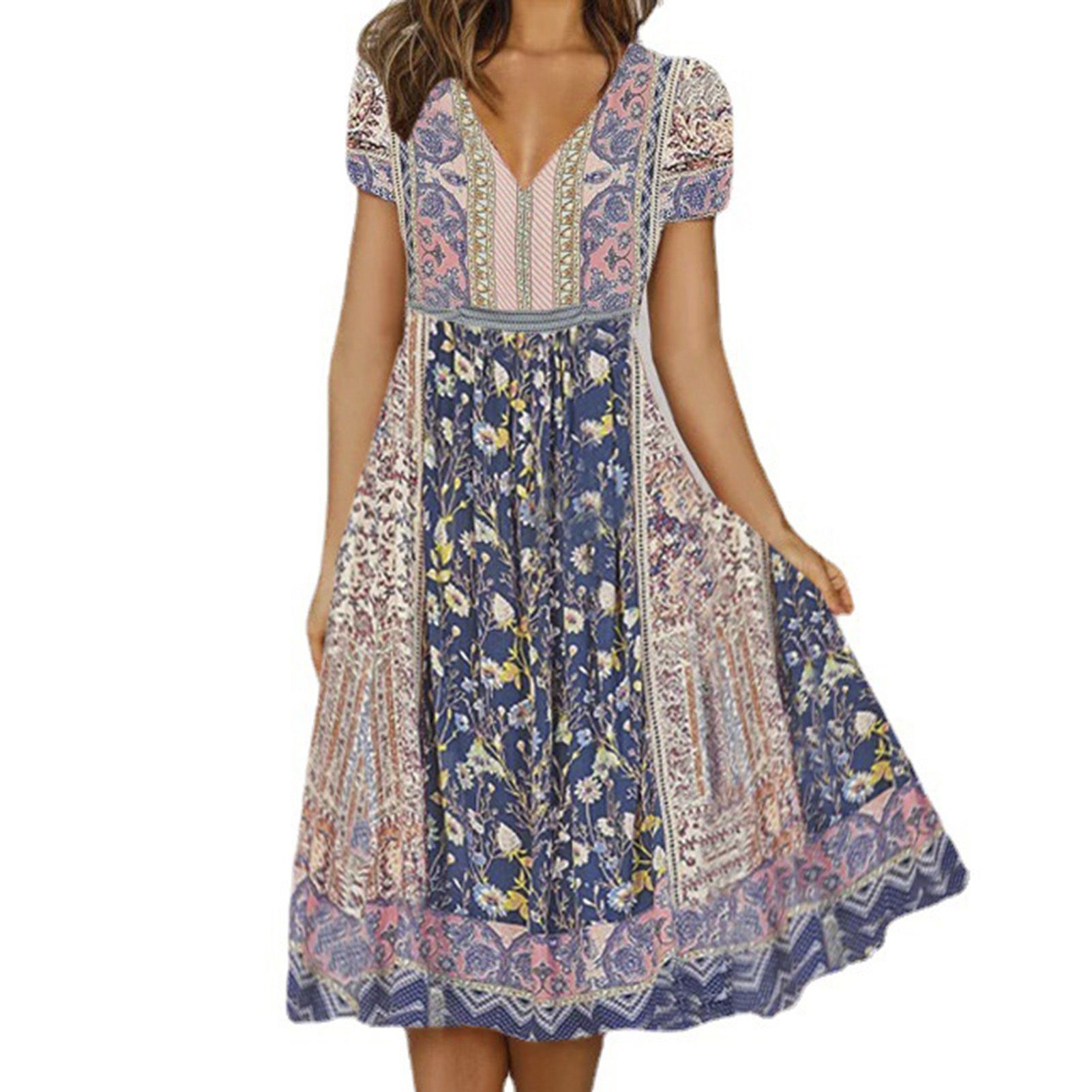 Ladies Dress Vintage Floral Print Ladies Knee-Length Dress