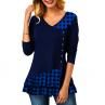 Women Casual Autumn V Neck Long Sleeve Plaid Patchwork Blouse Shirt Tunic Top