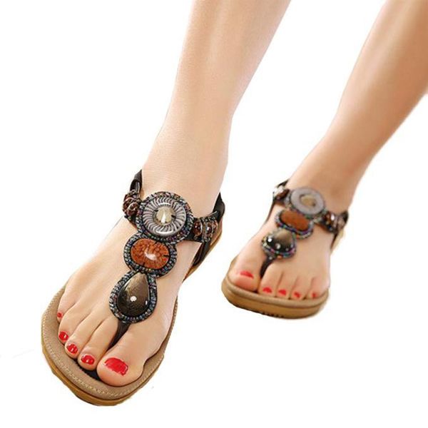 Women's Fashion Sweet Beaded Clip Toe Flats Bohemian Herringbone Sandals