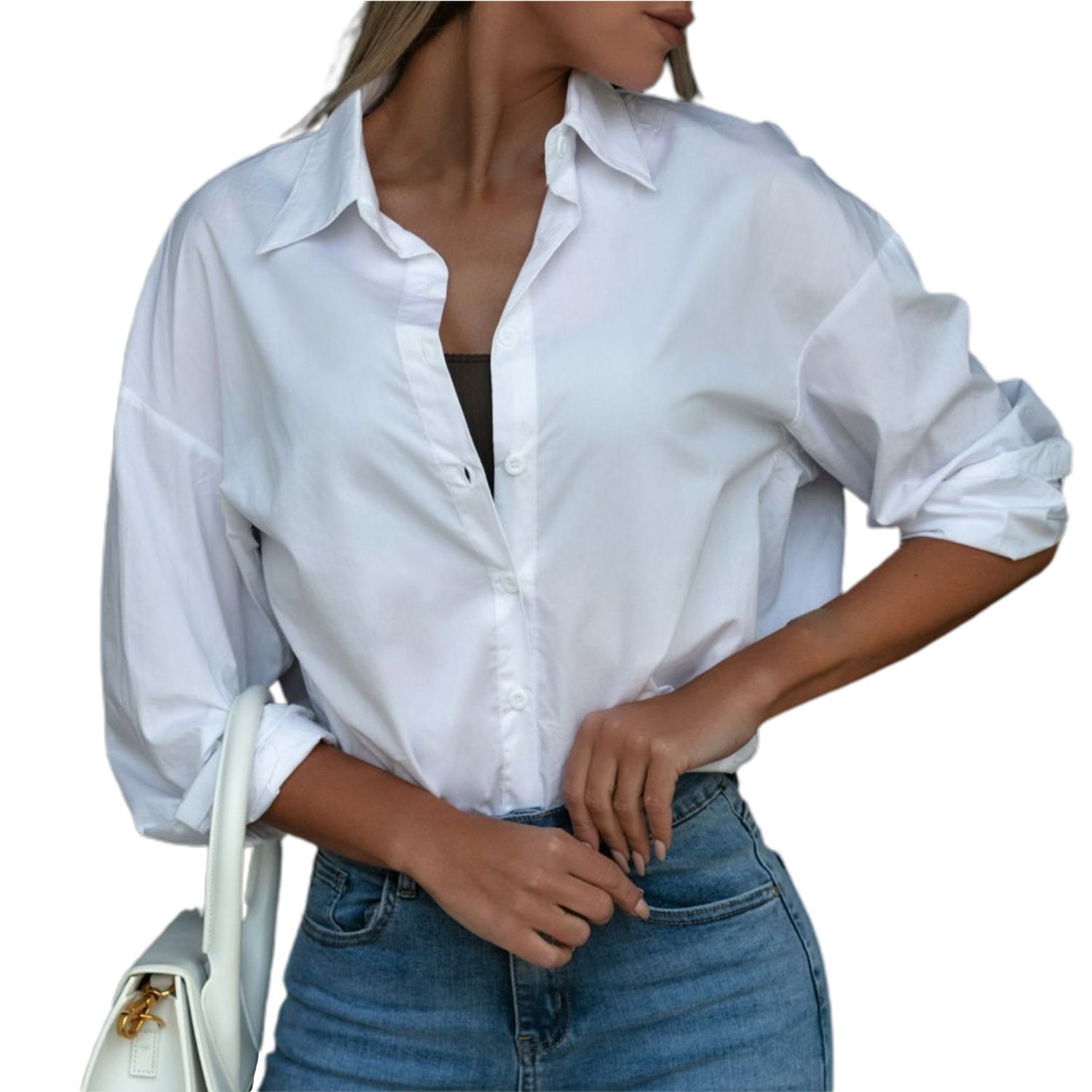 Office Lady Shirt Long Sleeve V Neck Loose-fitting Top Blouse
