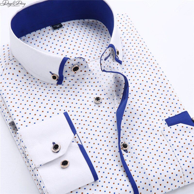 DAVYDAISY High Quality Men Shirt Spring Long Sleeve Turn-Down Collar Dress Polka Dot Print Casual Shirt Men Camisas DS-026