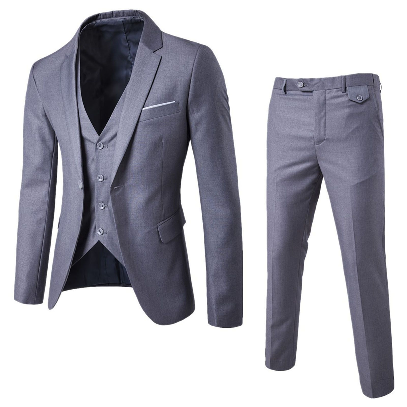 Men Suit Solid Color Buttons Cuff Blazer Zipper Fly Trousers