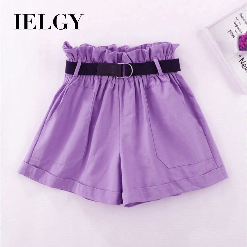 IELGY Women's Korean version of the wild elastic high waist casual bud waist loose wide leg shorts send belt