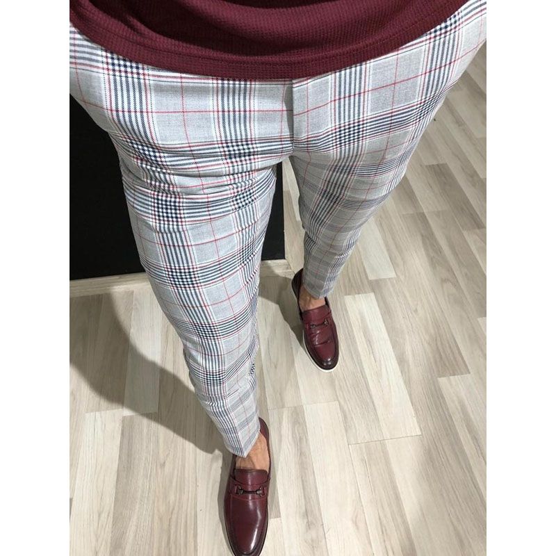 Plaid Men Dress Pants Slim Fit Trousers Business Formal Wedding Suit Pants Stripe Pencil Pants Male Office Pants White Gray