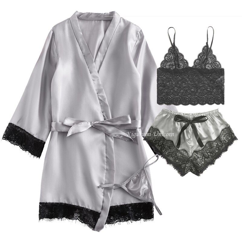Black Satin Lace Silk Pajamas Sets Womens 3PC Strap Top Pants Suit Sleepwear Spring SummerHome Wear Nightwear Bath Gown S-XL