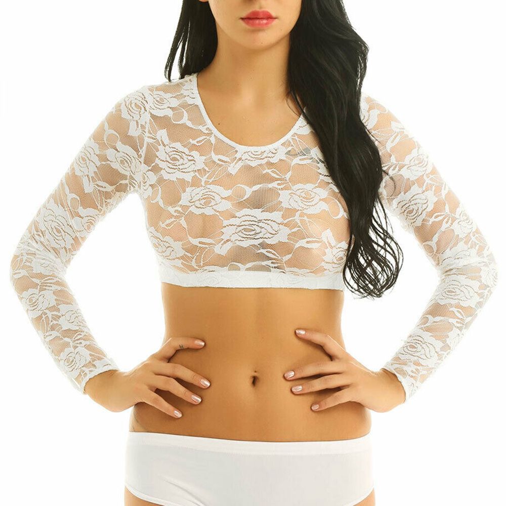 Women Long Sleeve O Neck Floral Lace Crop Top Elastic Blouse