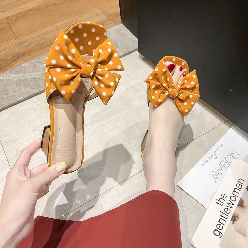 Size 35-43 Plus Size Thick Heel Bow Polka Dot Sandals  for Women High Heel Beach Slippers