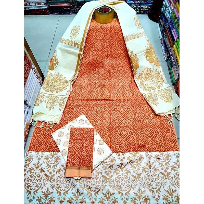 Block Printed Three Piece for Women Unstiched Skin Print New Gorgeous Unstitched Cotton Block Printed Salwar Kameez [ 3 Piece ]