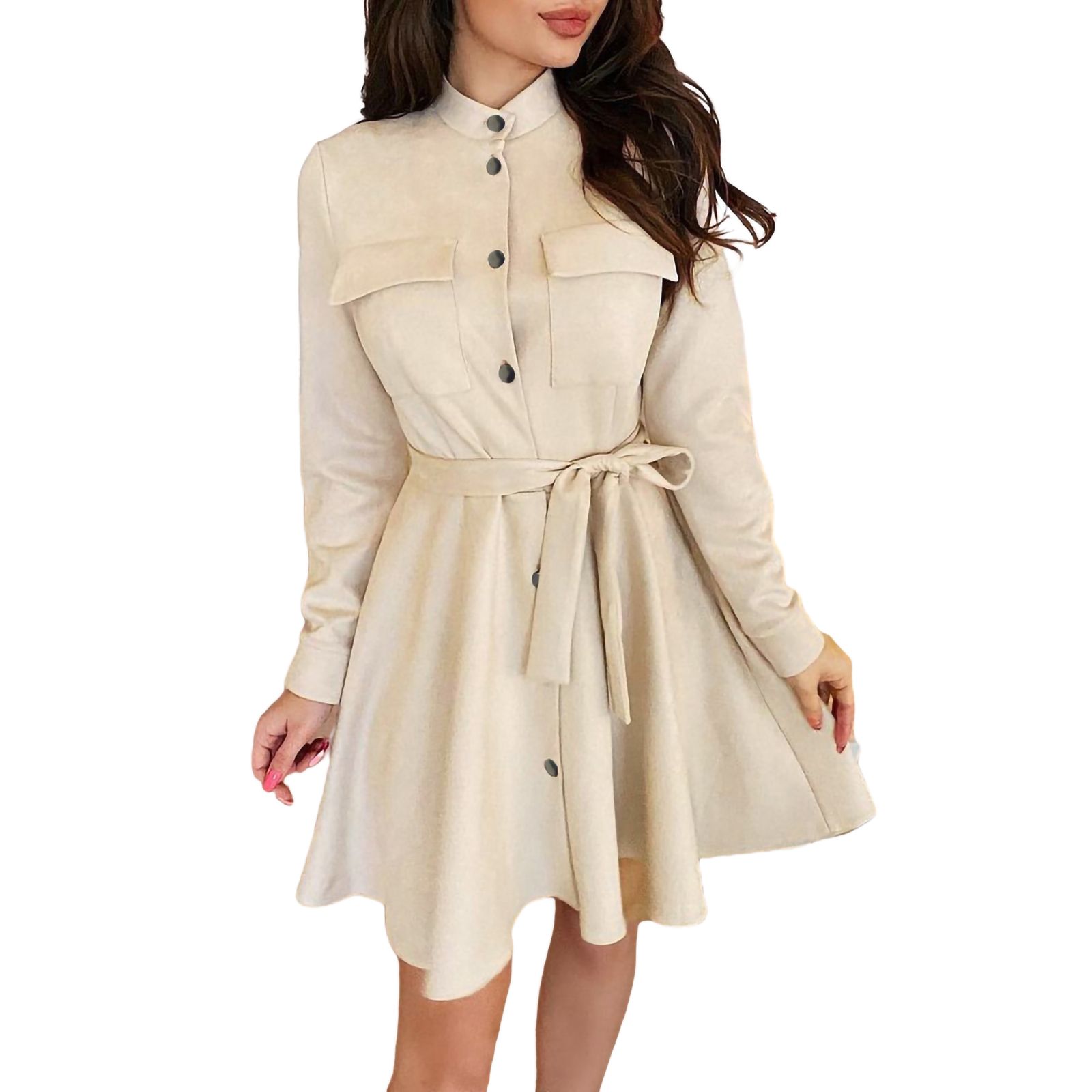 Female Dress, Solid Color Round Neck Long Sleeve One-Piece with Waist Belt Casual Wear for Summer, S/M/L/XL/XXL