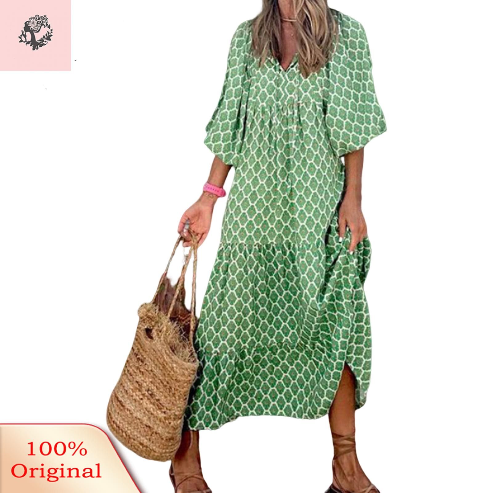 Retro Dress Simple Bohemia Geometry Print Vintage Long Dress