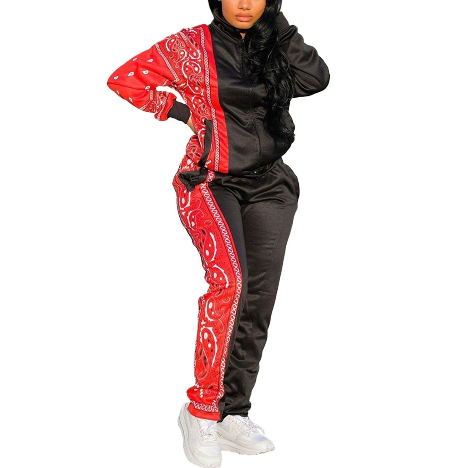 2021 Women’s Two Piece Outfits, Long Sleeve Stand Collar Zip Up Jacket and Long Pants Set Tracksuit