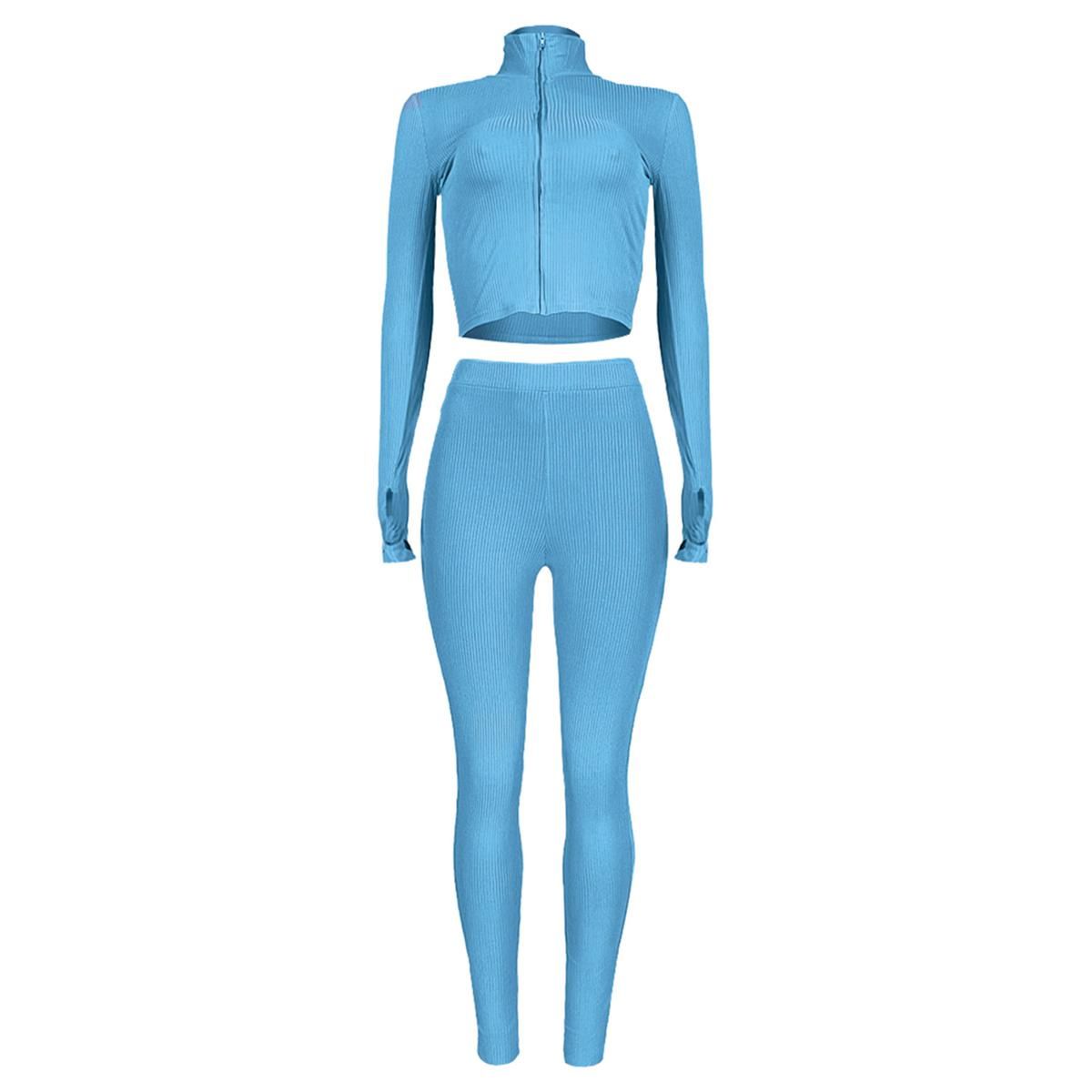 Women's Cropped Shirt, Knitting Trousers, Zipper Long Sleeve Ruffle Casual Yoga Elastic Sports High-Waist Pants