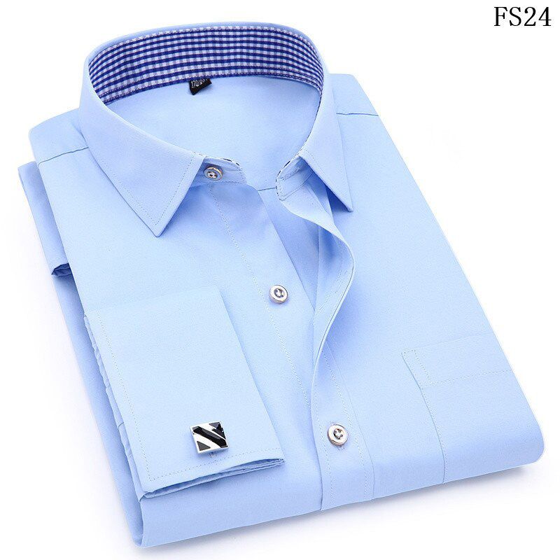 French Cuff Mens Dress Long Sleeve Shirt High Quality Slim Fit Male Social Business Shirt With Cufflinks Black Yellow White Blue