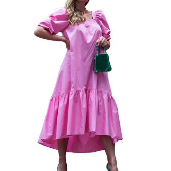 Retro Long Maxi Dress Women Solid Pink Ruffles Short Sleeve Square Neck Loose Dress Summer Elegant Inregular Dresses Vestidos