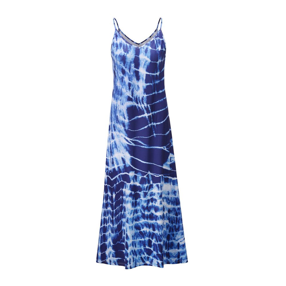 Summer Women's Printed Tie Dye Loose Casual Camisole Midi Dress Blue M Size