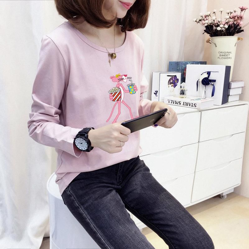 Korean Fashion Autumn Winter Pink Leopard T-Shirt Women's Long Sleeves On The Clothes Korean Version Of The Students Loose White Abc Shirt Tide