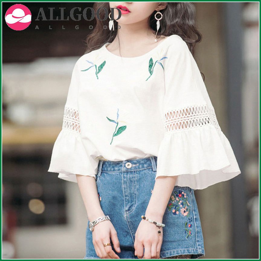 SparkDora White Flower embroidered simple summer casual loose basic tshirt white top harajuku short sleeve female t-shirts