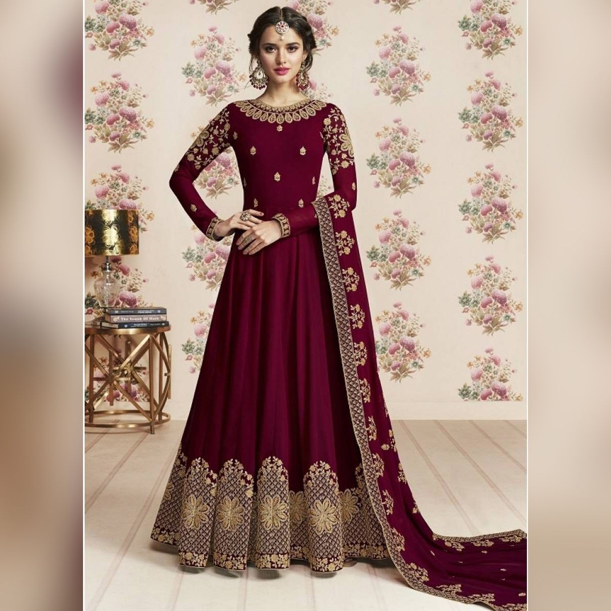 Unstich Maroon New Indian Georgette Gown For Women -221