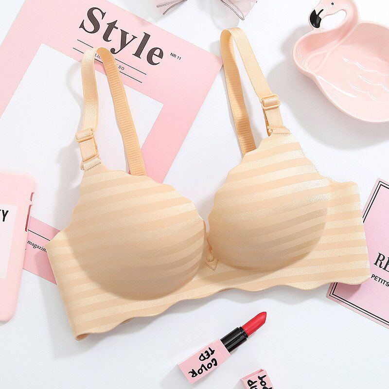 DERUILADY Underwear Women Fashion Stripe Comfortable Seamless Bralette Adjusted Wireless Push Up Bra Ladies  Lingerie