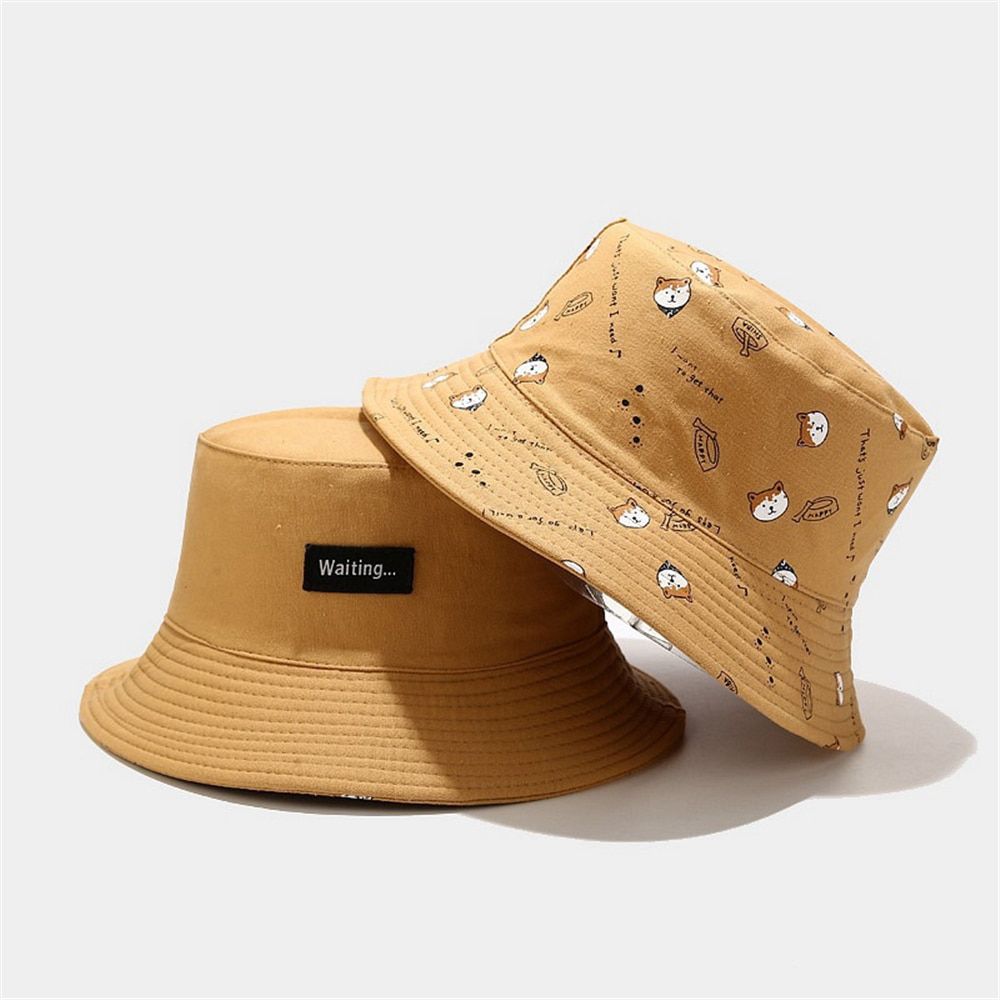 GOUTER Double-side Hat Unisex Bucket Cap Cute Shiba Inu Dog Print Yellow Hat Bob Hat Hop Cap Fishing Fisherman Hat