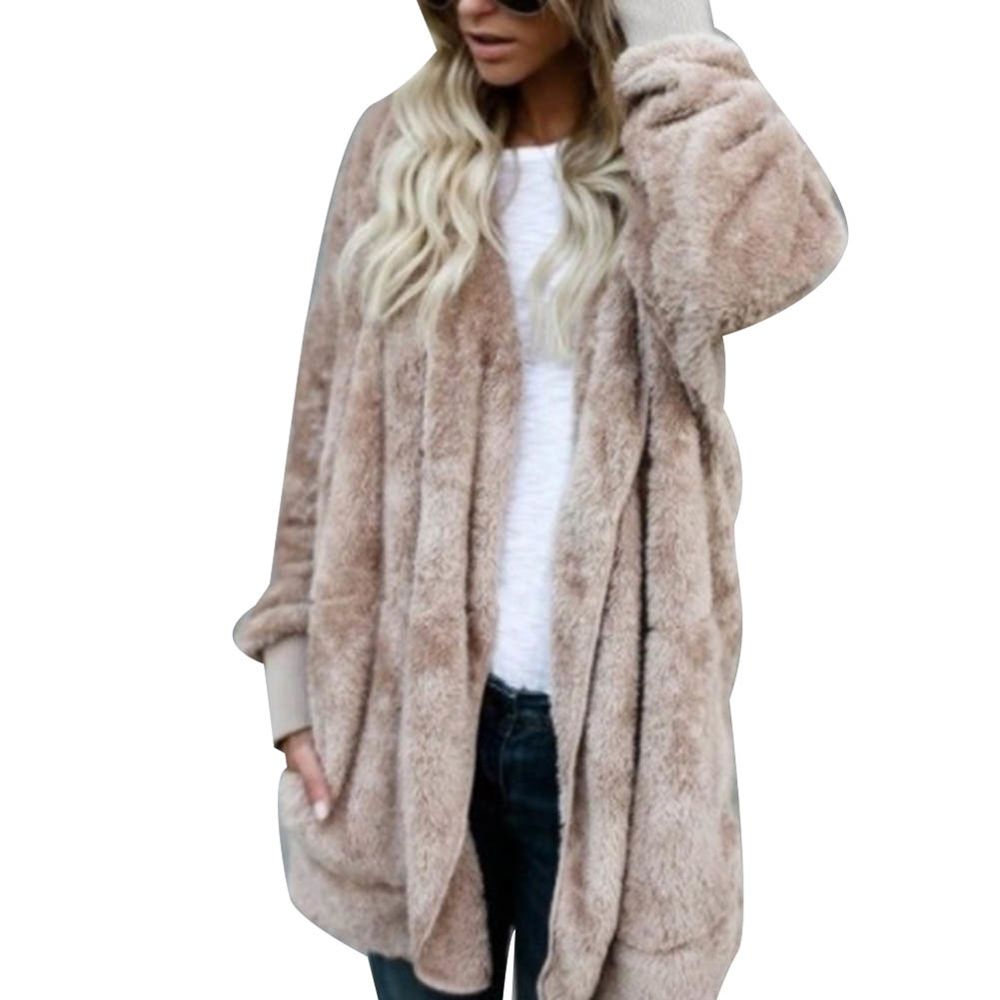 Winter Women Plus Size Faux Fur Hooded Coat Long Sleeve Cardigan