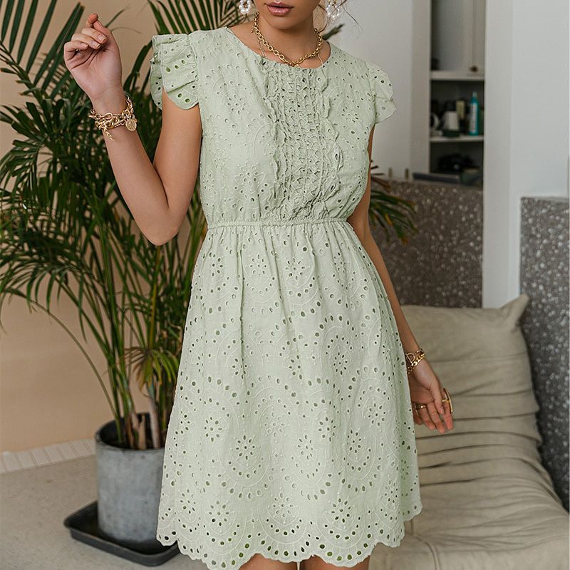 Simplee Casual Solid Cotton High Waist Dress Ruffled Hollow Stitching A-line Office Lady Dress Sleeveless Summer Woman Dress New