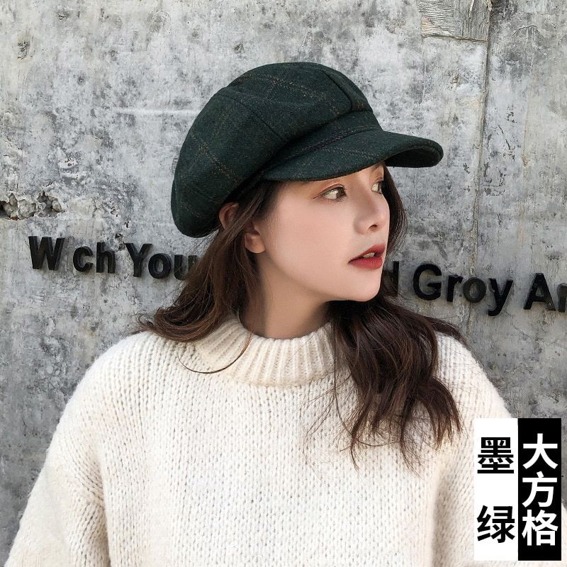 CHAXIAOA Hat Lady Plaid Fashion Outdoor Casual Art Painter Hat Street Personality Octagonal Women Fall Berets Hats