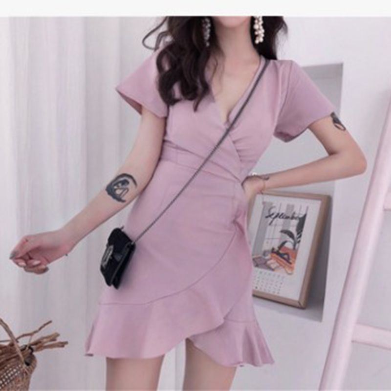 Yfashion Women  Dress V-neck Irregular emperament Dress Waist-ing Fishtail Skirt color