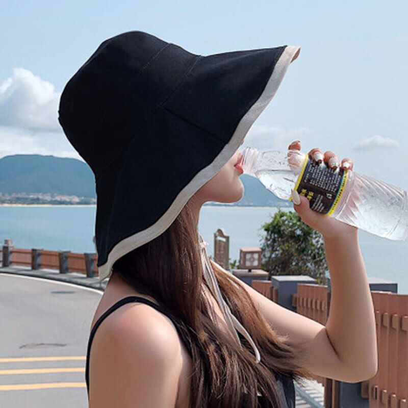 VISROVER Foldable Simple Beach Double Side Summer Hat Female Casual Sun Hat With Wind Rope Women Black Wide Brim Cotton Cap Gift