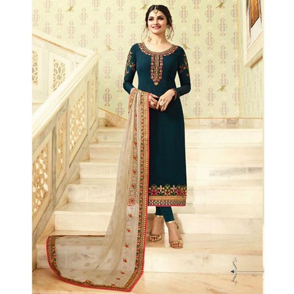 Deep  Teal  Georgette  Unstitched  Salwar  Kameez  for  Women