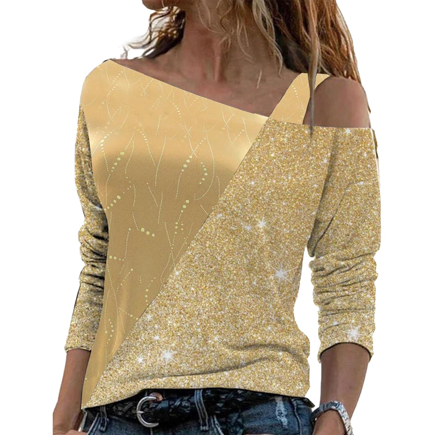 Pullover Blouse Lightweight en Color Stitching Shiny Blouse