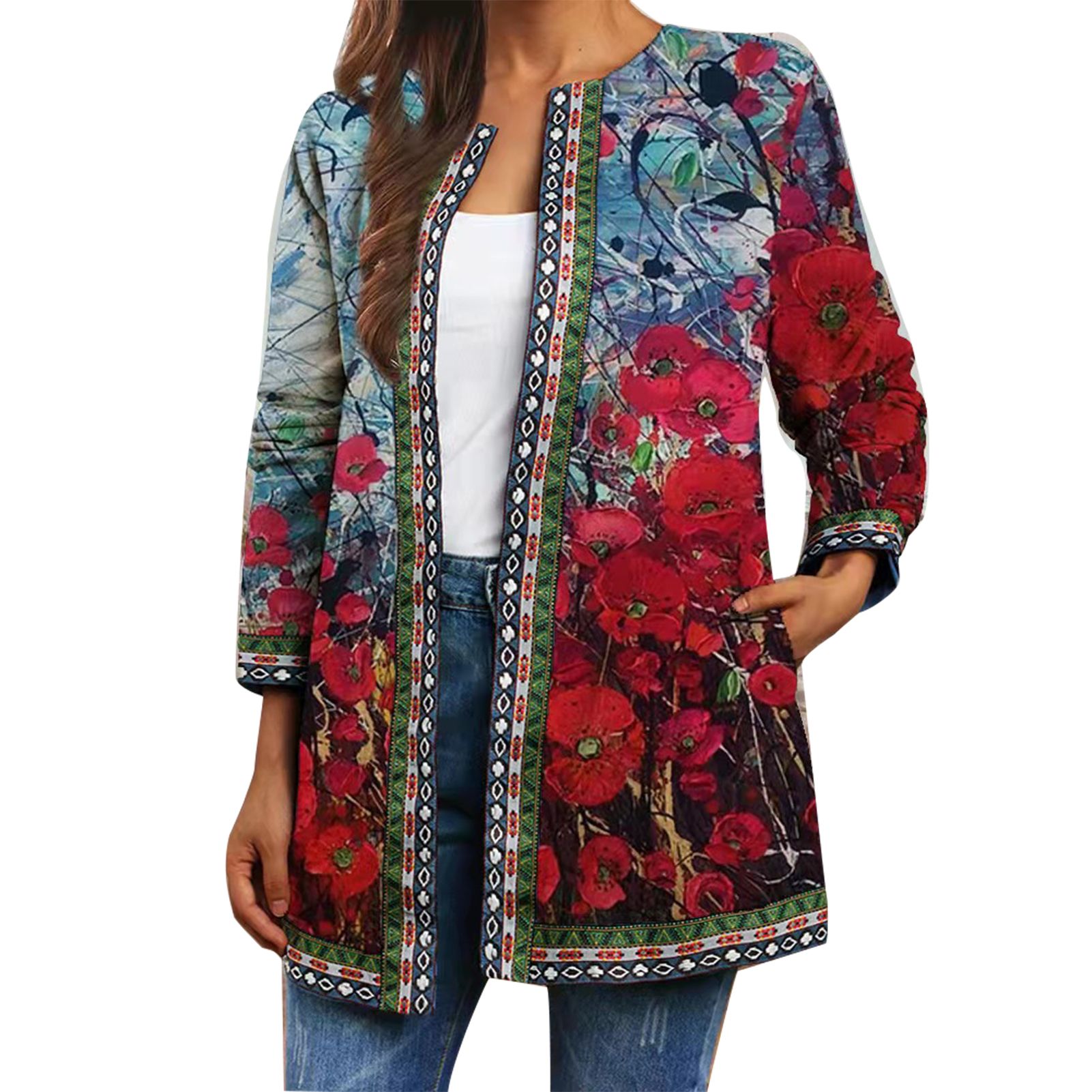 Coat Digital Print Loose-fitting Round Neck Coat