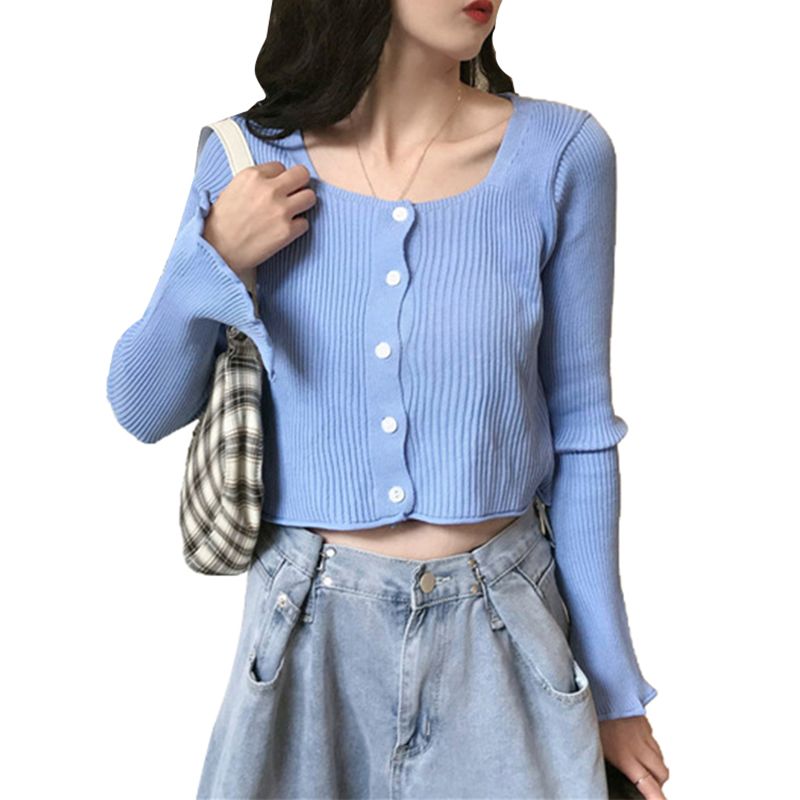 Women Ribbed Knit Crop Tops, Long Sleeve Scoop Neck Solid Color Button Down T-Shirts