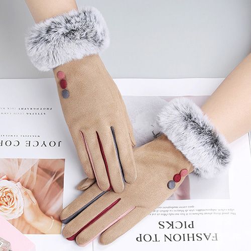 Fashion Women Winter Warm Suede Leather Touch Screen Glove Female Faux Rabit  Embroidery Plus velvet thick driving gloves H92