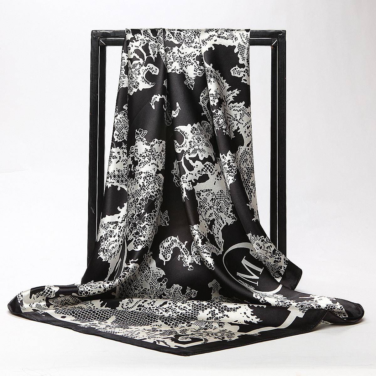 【BestGO】Silk Scarf Holiday Gift 90cm Shawl Wedding Big Square Satin Fashion Floral Shiny Lady Women  90cm (35.4Inches)