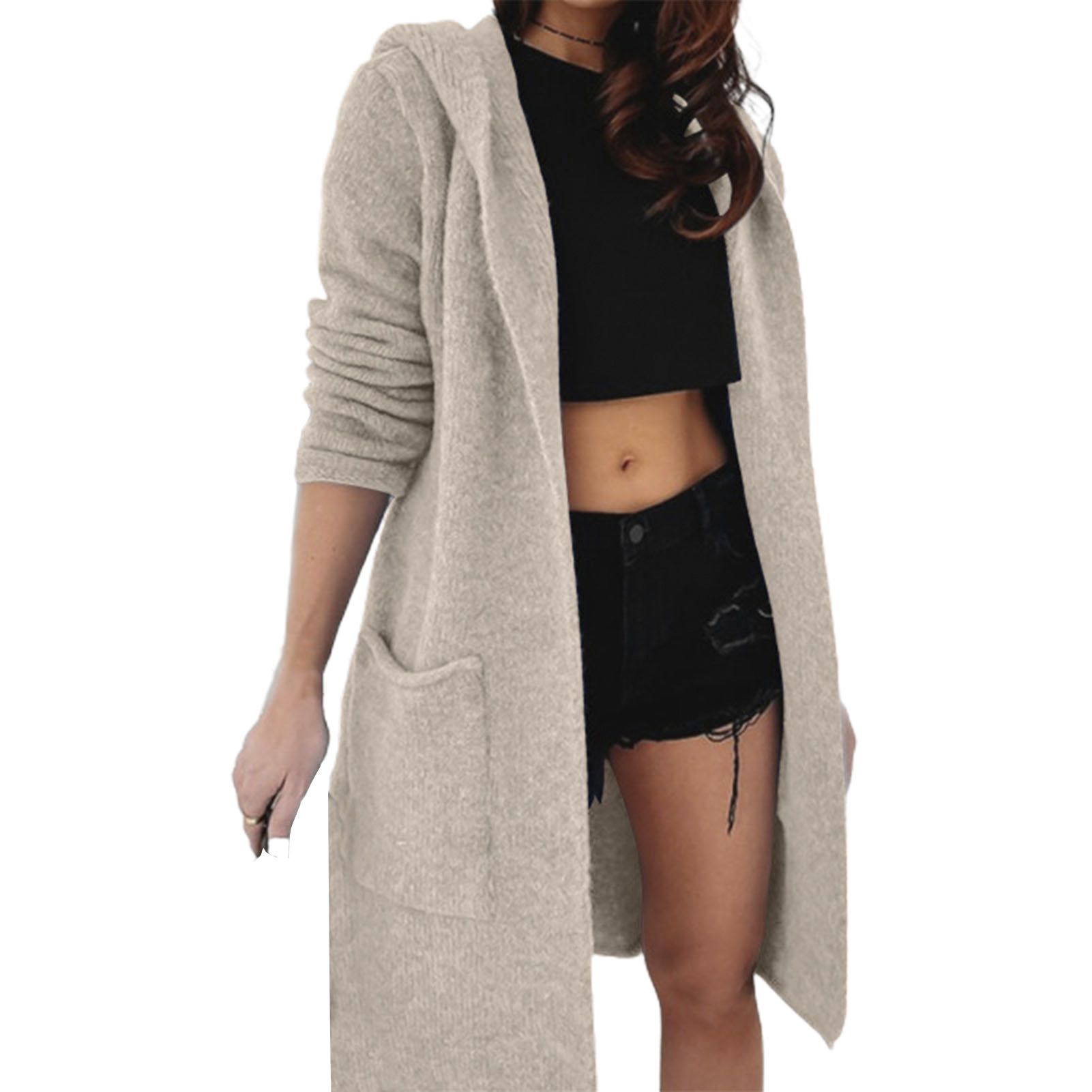 Women Cardigan Casual Hooded Two Pockets Knitted Cardigan