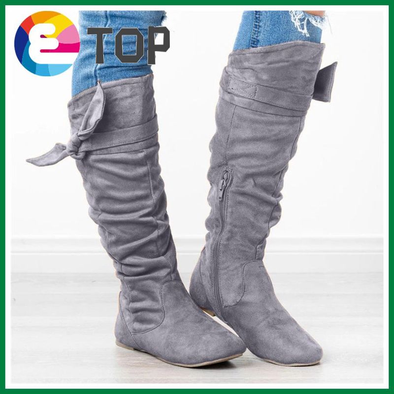 Women's Ladies Fashion Casual Beautiful Knotted Knee-high Long Boots Flat Shoes Women's Korean Style Fashion Platform Martin Boots Ankle Lace  Boots Black