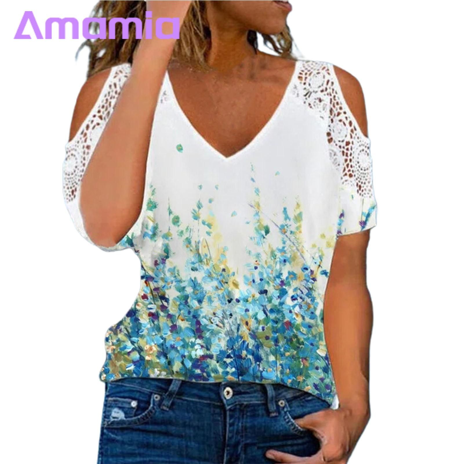 Amamia Tee Shirt V-Neck Cut Out Sleeve Cold Shoulder Summer T-shirt
