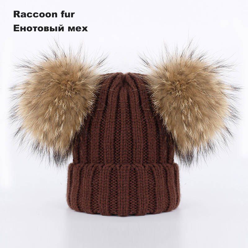 two raccoon fur pom-pom knitted beanie hats solid colorwinter boy thickened headgear warm baby child