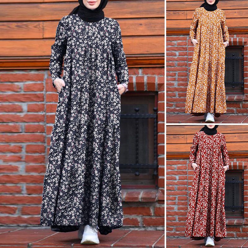 ZANZEA Women Full Length Floral Ruffled Hem Flare Tiered Long Sleeve Maxi Shirt Dress