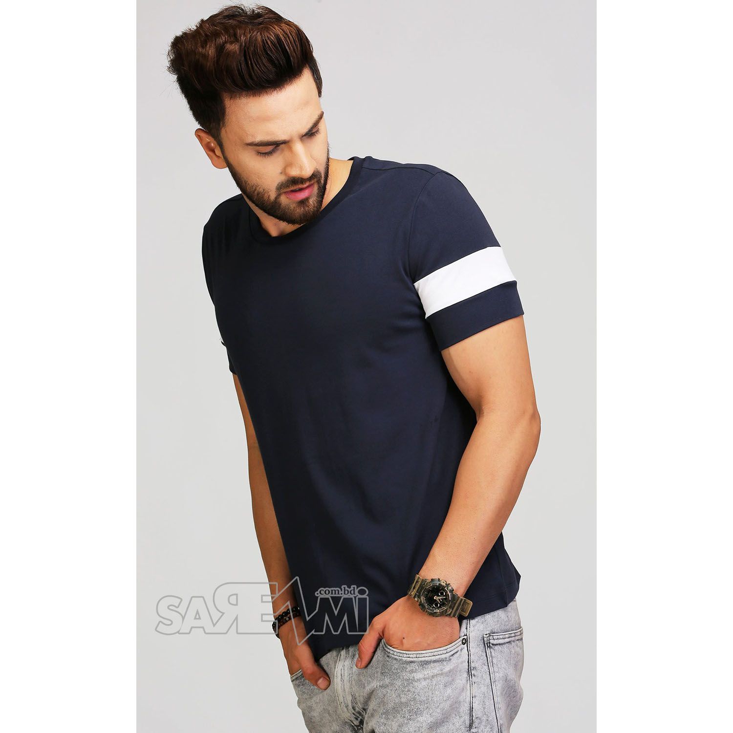 Naby Blue with White stripe Cotton Short Sleeve T-Shirt for Men