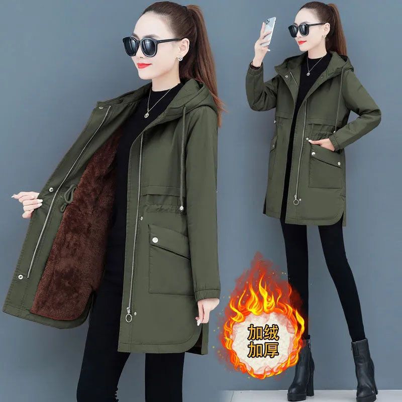 Autumn Winter Jacket Coat Plus Velvet Thicken Plus Size Women's Windbreaker Loose Mid-Length Hooded Overcoat Casual Ladies Coat