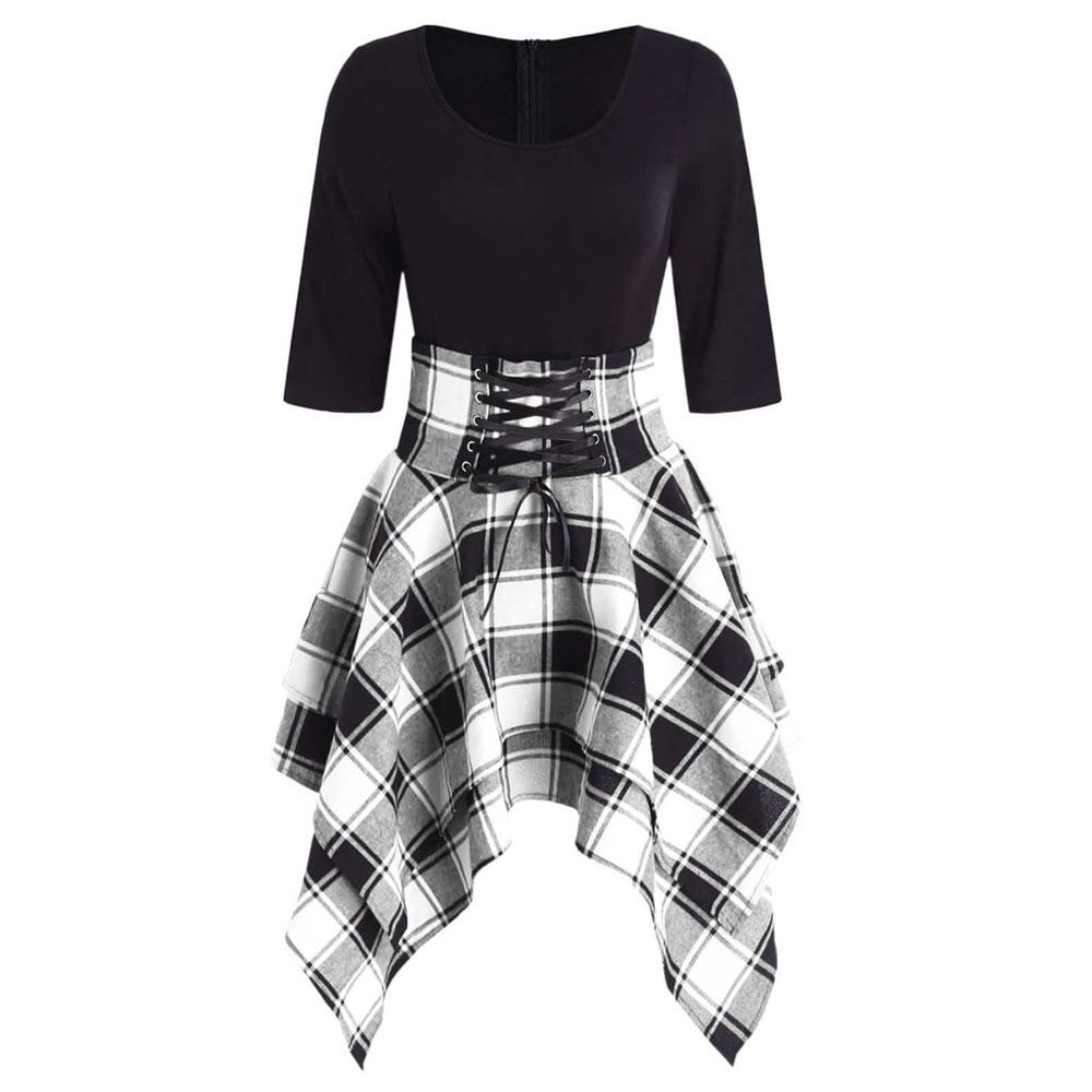 Womens Dresses Punk Gothic Plaid Patchwork Lace Up Dress Short Sleeve Irregular Dress Summer Feminina Vestidos Mujer Plus Size