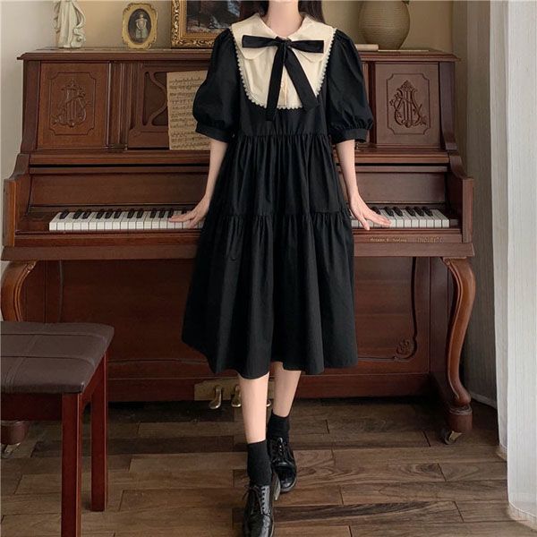 HOUZHOU Elegant Vintage Dress Woman Summer 2021 Kawaii Maxi Dresses Sweet Cute Puff Sleeve Preppy Style Sundress Lolita Outfits