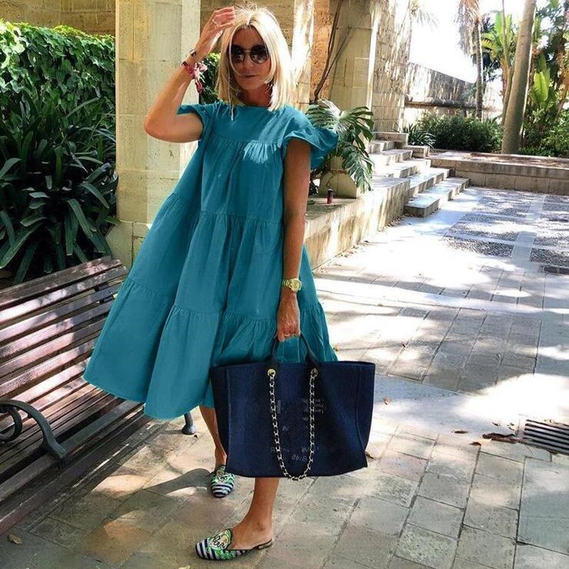 Women Dresses Summer 2020 New Shrimp Print Loose Casual Dress Butterfly Sleeved Mid Long Sweet Holiday Dress 2XL Women Robe
