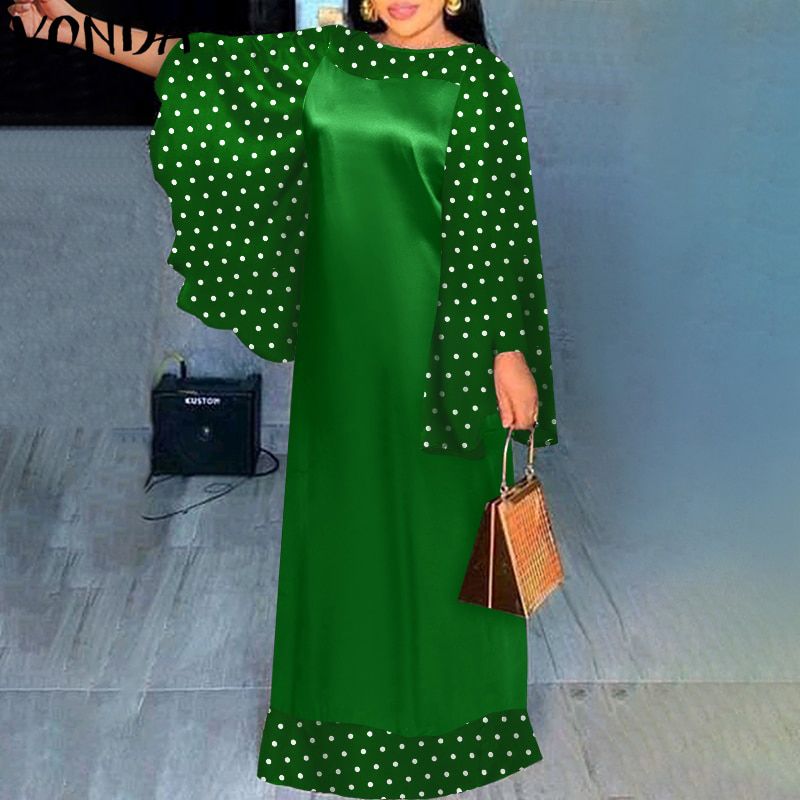 Women Kaftan Dress Vintage Patchwork Party Maxi Long Dress 2021 VONDA Casual Robe Femme Office Ladies Sundress Vestidos Feminina